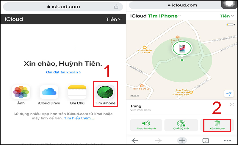 Bước 2: Chọn "Tìm iPhone", => chọn thiết bị cần xóa => “Xóa iPhone”.